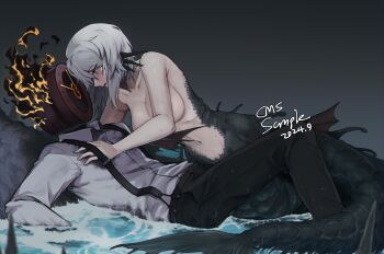 1girl 1other black_pants blue_eyes breasts clock collared_shirt commission convenient_arm dante_(limbus_company) faust_(project_moon) fins fire head_fins highres large_breasts limbus_company looking_at_viewer mermaid monster_girl object_head open_mouth other_with_female pants project_moon rmenssari shirt short_hair smile suspenders wet wet_hair white_hair white_shirt