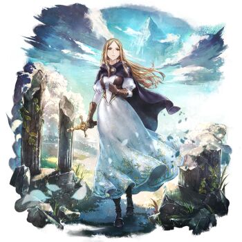 1girl blonde_hair bravely_default_(series) bravely_default_ii brown_eyes crossover gloria_neu_musa long_hair octopath_traveler octopath_traveler:_champions_of_the_continent official_art outdoors solo