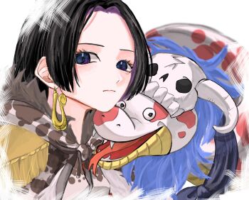 1girl black_hair blue_eyes boa_hancock closed_mouth commentary_request earrings epaulettes highres jewelry long_hair looking_at_viewer one_piece salome_(one_piece) sidelocks simple_background skull smile snake snake_earrings solo tongue tongue_out u_mi031 white_background