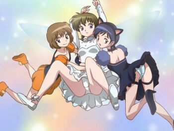 Rule 34 | 3girls, animal ears, back, black hair, blue eyes, braid, breasts, brown hair, choker, dress, grey eyes, hairband, kyoukai no rinne, long hair, mamiya sakura, miho (kyoukai no rinne), momoi rika (kyoukai no rinne), multiple girls, open mouth, panties, shoes, short hair, smile, thighhighs, underwear, wings