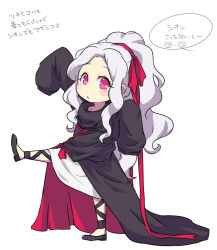 Rule 34 | 1girl, :o, arm up, azami (kagerou project), azami (kagerou project) (cosplay), black coat, black footwear, black ribbon, blush, chibi, chiyozaka, coat, cosplay, dress, eyelashes, from side, full body, grey hair, hair ribbon, kagerou project, kozakura shion, leg lift, leg ribbon, long hair, long sleeves, looking at viewer, looking to the side, oversized clothes, parted bangs, pink eyes, ponytail, red ribbon, ribbon, shoes, simple background, sleeves past fingers, sleeves past wrists, solo, standing, standing on one leg, white background, white dress