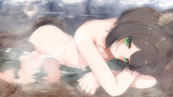 1girl animal_ear_fluff animal_ears arm_pillow brown_hair cat_ears cat_girl cat_tail completely_nude crossed_arms green_eyes head_on_arm head_rest highres looking_at_viewer medium_hair nude original parted_lips partially_submerged sch steam tail water