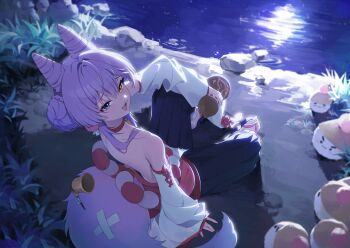 1girl 46_coffee :3 :d absurdres beach black_pants blue_eyes bottle choppy_bangs commentary cone_hair_bun creature detached_sleeves english_commentary fang fox_tail from_above full_body furisode_sleeves hair_bun hair_intakes heterochromia highres holding holding_bottle inari_(tenko_shibuki) looking_at_viewer looking_up night nontraditional_miko on_ground open_mouth outdoors pants pleated_pants raised_inner_eyebrows reflection sandals sitting smile smoking_pipe solo stellive tail tenko_shibuki topless_female virtual_youtuber water white_sleeves yellow_eyes