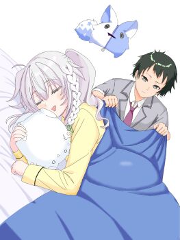 1boy 1girl 9-nine- :d @_@ ahoge black_hair blush braid brother_and_sister clenched_hand closed_eyes closed_mouth collared_shirt commentary_request drooling dutch_angle facing_viewer fire_kotarou furrowed_brow green_ribbon grey_eyes grey_hair grey_jacket hair_between_eyes hair_ribbon hakusen_academy_school_uniform highres hugging_object jacket long_hair long_sleeves looking_at_another lying mouth_drool niimi_kakeru niimi_sora on_bed on_side open_clothes open_jacket open_mouth pajamas ribbon school_uniform shirt short_hair siblings side_ponytail simple_background single_braid sleeping smile sophitia spiked_hair stuffed_animal stuffed_cat stuffed_toy under_covers upper_body white_background white_shirt yellow_pajamas