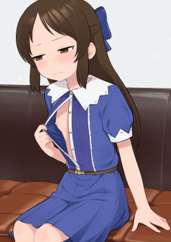 1girl absurdres arm_support averting_eyes blue_shirt blue_skirt blush breasts brown_hair couch feet_out_of_frame flashing half_updo highres idolmaster idolmaster_cinderella_girls loli meis_(terameisu) nipples no_bra on_couch oppai_challenge pleated_skirt puffy_short_sleeves puffy_sleeves shirt short_sleeves sitting skirt small_breasts solo tachibana_arisu