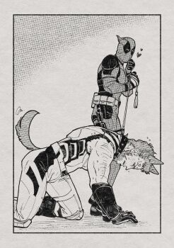 2boys absurdres all_fours anger_vein animal_ears arm_hair azuko_(@zuco) beard belt blush collar deadpool deadpool_&amp;_wolverine deadpool_(series) dog_boy dog_ears dog_tail facial_hair gloves heart highres leash leash_pull male_focus marvel marvel multiple_boys muscular muscular_male pectorals short_hair signature sleeveless spiked_collar spikes standing superhero_costume tail utility_belt wolverine_(x-men) x-men yaoi