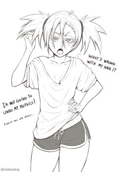 1girl artist_name bleach blush breasts cleavage collarbone english_text freckles greyscale hairband hand_on_own_hip highres looking_at_viewer loose_clothes loose_shirt mistowing monochrome sarugaki_hiyori shirt short_hair short_shorts short_twintails shorts small_breasts tank_top thighs twintails