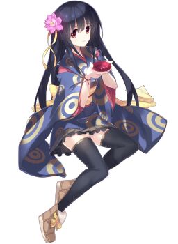 1girl alcohol black_hair black_skirt black_thighhighs blue_kimono boots bow brown_boots cup drink flower furisode furisode_sleeves hair_between_eyes hair_flower hair_ornament highres japanese_clothes kimono leggings light_smile long_hair looking_at_viewer miniskirt nippon_sake_monogatari obi official_art own_hands_together personification pink_flower red_eyes ribbon sakazuki sake sasaki_mutsumi sash sidelocks sitting skirt thighhighs yellow_bow yellow_ribbon yellow_sash