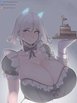 1girl absurdres animal_ears art_study black_bow black_bowtie bow bowtie breasts cleavage closed_mouth collarbone color_study commentary crescent crescent_earrings double-parted_bangs dress earrings english_commentary ferdinandusdart frilled_dress frills frown gloves grey_background grey_dress grey_eyes grey_hair grey_theme hair_between_eyes highres holding holding_tray huge_breasts jewelry looking_at_viewer original short_hair solo tray upper_body variant_set white_gloves