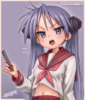 1girl artist_name border commentary controller english_commentary fanbox_username highres hiiragi_kagami holding holding_remote_control long_hair lucky_star navel neckerchief open_mouth outie_navel outside_border purple_eyes purple_hair rahime red_neckerchief red_sailor_collar red_skirt remote_control sailor_collar sailor_shirt shirt skirt solo standing teeth upper_body upper_teeth_only v-shaped_eyebrows watermark web_address white_border white_shirt