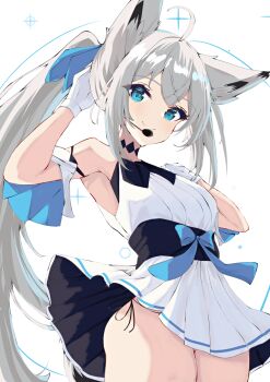 Rule 34 | 1girl, animal ears, azur lane, bare shoulders, black choker, blue bow, blue eyes, bow, breasts, choker, clothes lift, commentary request, dress, fox ears, fox girl, gloves, hair tie, highres, idol, idol clothes, kawakaze (azur lane), long hair, looking at viewer, microphone, natsuki (natsu 1936), pleated skirt, ponytail, simple background, skirt, sleeveless, small breasts, smile, solo, upper body, very long hair, white background, white dress, white gloves, white hair