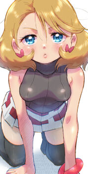 Rule 34 | 1girl, all fours, artist name, bare shoulders, black sweater, black thighhighs, blue eyes, blush, breasts, brown hair, commentary request, h renah, highres, kneeling, large breasts, lips, looking at viewer, nintendo, parted lips, pokemon, pokemon (anime), pokemon journeys, serena (pokemon), short hair, sleeveless, sleeveless sweater, solo, sweater, thighhighs, triangle mouth, turtleneck, turtleneck sweater, twitter username, two-tone skirt