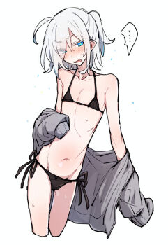 ... 1girl ahoge androgynous azuma_shino bikini black_bikini black_ribbon blue_eyes embarrassed grey_hoodie hood hoodie nowareno_(azuma_shino) pointy_ears ponytail ribbon ribs simple_background skinny speech_bubble sweat swimsuit white_background white_hair