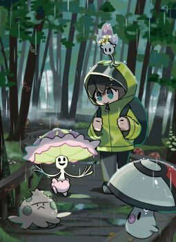 aqua_eyes backpack bag black_bag black_hair closed_mouth commentary_request fog foongus forest gen_3_pokemon gen_5_pokemon gen_7_pokemon grass green_jacket grey_pants grey_shoes highres himurohiromu holding_strap hood hood_up hooded_jacket jacket long_sleeves morelull moss mushroom nature nintendo on_head outdoors pants pokemon pokemon_(creature) pokemon_on_head rain shiinotic shoes shroomish smile toedscool tree