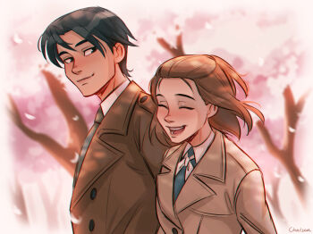 Rule 34 | 1boy, 1girl, ^ ^, artist name, black hair, brown coat, brown hair, chalseu, cherry blossoms, closed eyes, closed mouth, coat, commentary, dress shirt, english commentary, fruits basket, half updo, highres, looking at another, necktie, open mouth, shirt, short hair, signature, smile, sohma hatori, souma kana, upper body, white shirt