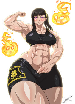 1girl absurdres breasts cleavage curvy en&#039;en_no_shouboutai female_focus fireball flexing highres large_breasts long_hair looking_at_viewer maki_oze muscular muscular_female ponytail purple_eyes solo souleatersaku90 thick_thighs thighs wide_hips