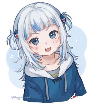 1girl artist_name blue_background blue_eyes blue_hair blue_hoodie blunt_bangs commentary cropped_torso gawr_gura gawr_gura_(1st_costume) hair_ornament hashtag-only_commentary highres hololive hololive_english hood hood_down hoodie kingjoshua light_blush long_hair looking_at_viewer multicolored_hair open_mouth shark_hair_ornament solo streaked_hair teeth twitter_username two-tone_background two_side_up upper_teeth_only v-shaped_eyebrows virtual_youtuber white_background white_hair