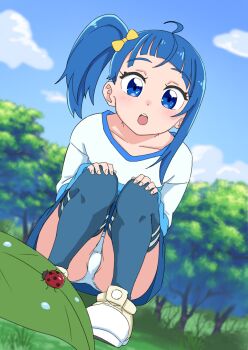 1girl absurdres blue_eyes blue_hair blue_shirt blue_skirt blue_sky blue_thighhighs bow bug casual cloud cloudy_sky commentary crotch_seam cut_bangs day dutch_angle forest full_body hair_bow hakuino_hakase hands_on_own_knees highres hirogaru_sky!_precure insect ladybug leaf long_sleeves looking_at_viewer medium_hair miniskirt nature open_mouth outdoors panties pantyshot precure shirt shoe_soles shoes side_ponytail single_sidelock skirt sky sneakers solo sora_harewataru squatting t-shirt thighhighs two-tone_shirt underwear white_panties white_shirt yellow_bow yellow_shoes
