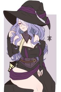1girl absurdres adjusting_hair alternate_costume asymmetrical_legwear bare_shoulders belt belt_buckle black_dress black_hat blush breasts buckle camilla_(fire_emblem) cleavage closed_mouth commentary commission cryptid_crab dress english_commentary fire_emblem fire_emblem_fates hair_over_one_eye halloween hand_in_own_hair hat highres juliet_sleeves large_breasts lips long_hair long_sleeves looking_at_viewer nintendo puffy_sleeves purple_eyes purple_hair purple_ribbon ribbon simple_background sitting smile solo strapless strapless_dress twitter_username uneven_legwear witch witch_hat