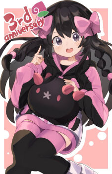 Rule 34 | 1girl, :o, anniversary, black hair, black thighhighs, blush, boots, border, bow, braid, cuddling, dot nose, dutch angle, english text, flat chest, gen 7 pokemon, grey eyes, hair between eyes, hair bow, hair ornament, highres, knees together feet apart, light blush, long hair, long sleeves, miniskirt, multicolored sweater, nintendo, open mouth, pink background, pink bow, plum, plum (vtuber), plum no bouken note, pointing, pointing up, pokemon, pokemon (creature), pyukumuku, side braids, sidelocks, silver boots, silver skirt, simple background, sitting, skirt, solo, sweater, teeth, thighhighs, tongue, twin braids, umiru, upper teeth only, very long hair, virtual youtuber, white border, zettai ryouiki