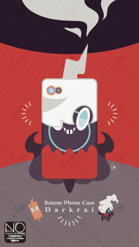 blue_eyes blue_sclera cellphone colored_sclera commentary_request darkrai gen_4_pokemon grin highres legendary_pokemon long_hair meme_(sleepsheep) mythical_pokemon nintendo no_humans phone pokemon pokemon_(creature) pokemon_focus rotom rotom_phone smartphone smartphone_case smile smoke teeth whisp white_hair