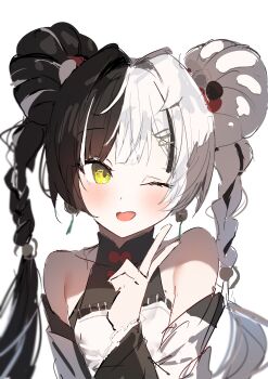 1girl absurdres bare_shoulders black_hair blush braid braided_twintails china_dress chinese_clothes collarbone commentary_request detached_sleeves dialyn_(zenless_zone_zero) double_bun dress earrings hair_bun hair_extensions hair_intakes hair_ornament hairclip highres jewelry katata long_hair looking_to_the_side multicolored_hair one_eye_closed open_mouth ring_hair_extensions simple_background solo split-color_hair upper_body v white_background white_dress white_hair white_sleeves yellow_eyes zenless_zone_zero