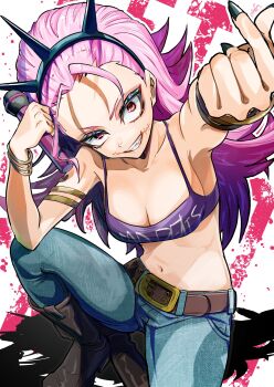 Rule 34 | 1girl, belt, black belt, black hairband, black nails, blue pants, boots, breasts, brown boots, cleavage, denim, from above, hairband, highres, hololive, hololive english, iris (tb33064667), jeans, jewelry, large breasts, let's just crash (gachiakuta), long hair, looking at viewer, medium breasts, mori calliope, navel, pants, pink hair, pink tank top, purple tank top, red eyes, red nails, sharp teeth, simple background, solo, spiked hairband, spikes, stitched face, stitches, tank top, teeth, torn clothes, torn jeans, torn pants, virtual youtuber, white background