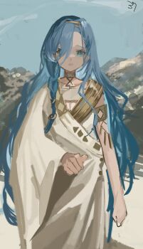 1girl 37_(reverse:1999) absurdres ancient_greek_clothes armlet beach blue_eyes blue_hair blue_sky braid chiton clear_sky clenched_hands collarbone commentary_request cowboy_shot gold_armlet gold_choker gold_hairband greco-roman_clothes hair_ornament hair_over_one_eye hairband highres himation ingenkita jewelry long_hair looking_at_viewer mountainous_horizon open_mouth outdoors reverse:1999 side_braid sidelocks single_braid single_sleeve sky solo standing straight-on toga very_long_hair wide_sleeves