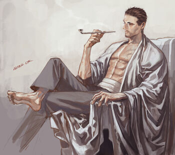 1boy abs bara barefoot beard_stubble brown_eyes brown_hair chair crossed_legs ctkcave earrings facial_hair feather_earrings feathers grey_pants holding holding_smoking_pipe jewelry male_focus muscular muscular_male on_chair open_clothes open_robe original pants robe sarashi short_hair simple_background single_earring sitting smoking_pipe solo spiked_hair stubble white_background white_robe
