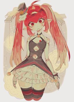 1girl ahoge black_dress character_request closed_mouth clothing_cutout commentary_request cropped_legs doll_joints dress flat_chest hat highres joints long_hair looking_at_viewer mabinogi mini_hat mini_top_hat navel navel_cutout pointy_ears red_eyes red_hair short_dress sleeveless sleeveless_dress solo teardrop_facial_mark top_hat twintails usa37107692