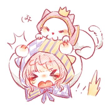 ! !! &gt;_&lt; 1girl ^^^ animal animal_ears argyle_cloak argyle_clothes blunt_bangs cat cat_ears cat_girl cat_tail chibi chinese_commentary cloak clothed_animal commentary_request cropped_torso crown ear_covers hands_on_own_head highres hood hood_up hooded_cloak infinity_nikki kemonomimi_mode large_variant_set light_blush long_sleeves mini_crown momo_(nikki) nikki_(nikki) nikki_(series) open_mouth pink_cloak pink_hair purple_cloak shiguangbulao277 shirt short_hair sidelocks simple_background striped_cloak striped_clothes tail tail_raised tearing_up two-tone_cloak variant_set wavy_hair white_background white_cat white_shirt yellow_cloak yellow_crown