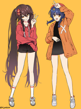 Rule 34 | 2girls, alternate costume, black shirt, black shorts, blue hair, braid, brown hair, commentary request, flower-shaped pupils, full body, genshin impact, grin, hair between eyes, hair ornament, hairclip, hat, hood, hoodie, hu tao (genshin impact), jacket, kiyokezo, kneehighs, long hair, looking at viewer, medium hair, multiple girls, open clothes, open jacket, open mouth, orange eyes, orange jacket, red eyes, red hat, red hoodie, shirt, shoes, shorts, smile, sneakers, socks, symbol-shaped pupils, twin braids, v, very long hair, white socks, xiangling (genshin impact), yellow background