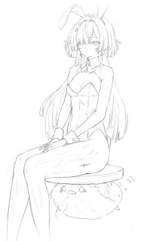 1girl alternate_costume animal_ears breasts cleavage closed_mouth commentary ddcc0123 earrings fake_animal_ears feet_out_of_frame flying_sweatdrops highres jewelry knees_together_feet_apart leotard lineart long_hair looking_at_viewer medium_breasts mornye_(wuthering_waves) playboy_bunny prosthesis prosthetic_leg rabbit_ears shrug_(clothing) simple_background sitting sketch solo strapless strapless_leotard tacet_mark_(wuthering_waves) triangle_earrings white_background wuthering_waves