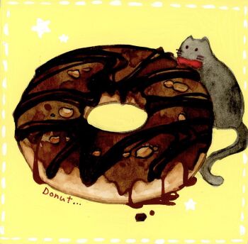 acrylic_gouache_(medium) cat donut food food_focus no_humans original painting_(medium) traditional_media undersized_animal watercolor_(medium) yellow_background yuuki_hana_(jtnp5334)