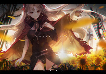 1girl absurdres black_dress blonde_hair cape dress english_text ereshkigal_(fate) fate/grand_order fate_(series) field floating_hair flower flower_field hair_ribbon hand_up highres letterboxed light_smile long_hair petals red_cape red_eyes revision ribbon short_dress single_sleeve skull solo spine sun sunflower sunflower_field two_side_up uwro very_long_hair wilted_flower yellow_flower