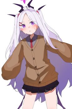 1girl absurdres ahoge blue_archive blush commentary_request demon_girl demon_horns demon_wings halo highres hina_(blue_archive) horns long_hair low_wings purple_eyes school_uniform simple_background solo standing twintails user_vwzn4332 white_hair wings