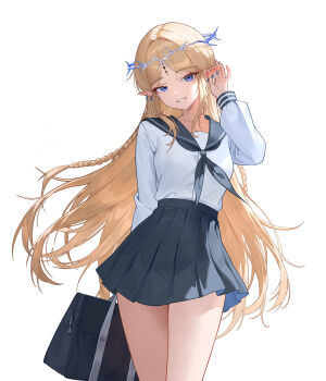 1girl absurdres alternate_costume bag black_neckerchief black_sailor_collar black_skirt blonde_hair blue_eyes cartethyia_(wuthering_waves) commentary crown_of_thorns cyanillust earrings hair_intakes hand_up highres holding holding_bag jewelry long_hair long_sleeves looking_at_viewer multiple_earrings neckerchief parted_bangs parted_lips pointy_ears sailor_collar school_bag school_uniform serafuku shirt sidelocks skirt smile solo tacet_mark_(wuthering_waves) thighs very_long_hair white_shirt wuthering_waves