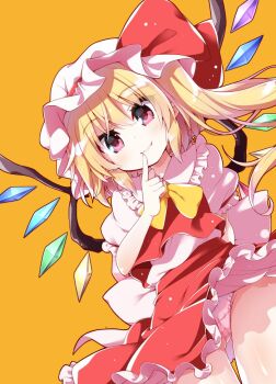 akaneya ascot blonde_hair bow crystal flandre_scarlet frilled_shirt frilled_shirt_collar frilled_skirt frilled_sleeves frills hat hat_ribbon medium_hair mob_cap one_side_up panties pantyshot puffy_short_sleeves puffy_sleeves red_bow red_eyes red_ribbon red_skirt red_vest ribbon shirt short_sleeves skirt solo touhou underwear vest white_hat white_shirt wings