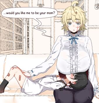 ... 2girls ahoge aiu404l arm_support bandaid bandaid_on_leg black_hair blonde_hair blue_eyes blush breasts buttons closed_eyes commentary dot_nose egg_(aiu404l) english_commentary english_text highres huge_breasts indoors lap_pillow long_sleeves medium_hair multiple_girls original parted_lips scar scar_on_face socks speech_bubble spoken_ellipsis straight-on therapist_(aiu404l)