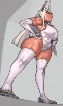 1girl boku_no_hero_academia breasts curvy elbow_gloves gloves kelvin_hiu large_breasts long_hair looking_at_viewer looking_down mirko muscular muscular_female rabbit_ears red_eyes smile tan thick_thighs thighhighs thighs white_hair