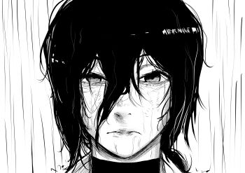 1girl absurdres chainsaw_man choker close-up closed_mouth franas frown greyscale hair_between_eyes highres looking_at_viewer monochrome rain reze_(chainsaw_man) solo wet wet_hair