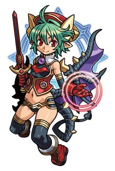 Rule 34 | 1girl, ahoge, black shirt, black tail, black thighhighs, boots, closed mouth, demon tail, demon wings, detached sleeves, gloves, gold horns, gold trim, green hair, hair between eyes, harakawa mitsuhiro, hat, holding, holding sword, holding weapon, low wings, midriff, multicolored shirt, navel, official art, pointy ears, red boots, red eyes, red gloves, red hat, red shirt, rukia moon, shinrabanshou, shirt, short hair, sleeveless, sleeveless shirt, solo, sword, tail, thighhighs, third-party source, transparent background, weapon, wings