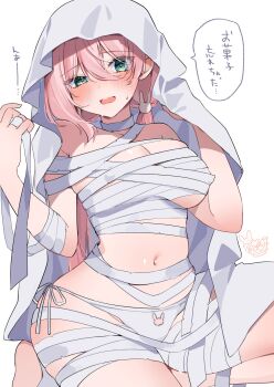 1girl animal_print anmi_ilust aqua_eyes bandages blush breasts commentary_request hair_between_eyes highres large_breasts long_hair looking_at_viewer navel open_mouth original panties pink_hair print_panties rabbit_panties rabbit_print side-tie_panties simple_background solo translation_request underwear white_background