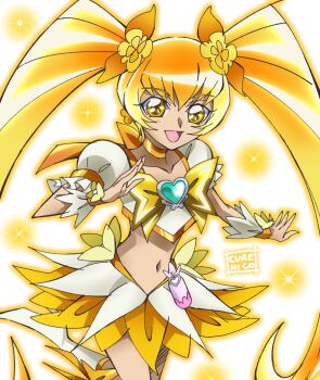 Rule 34 | 1girl, :d, artist name, blonde hair, boots, bottle, bow, bow choker, brooch, chest bow, choker, collarbone, commentary, cowboy shot, crop top, cure nico, cure sunshine, earrings, flower earrings, flower skirt, frilled sleeves, frilled wrist cuffs, frills, gold bow, gold choker, gold trim, hair between eyes, hair bow, hair ornament, hand up, heart, heart brooch, heartcatch precure!, high heel boots, high heels, highres, jewelry, leg up, long hair, looking at viewer, magical girl, midriff, multicolored skirt, myoudouin itsuki, navel, official style, open mouth, precure, puffy short sleeves, puffy sleeves, short sleeves, skirt, smile, solo, sparkle background, twintails, two-tone skirt, umakoshi yoshihiko (style), very long hair, white background, white skirt, wrist cuffs, yellow background, yellow eyes, yellow skirt, yellow theme, yellow wrist cuffs