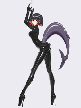 1girl absurdres ballet_heels black_hair bodysuit boots breasts ellen_joe fins fish_tail fridgephone from_side high_heels highres latex latex_bodysuit looking_at_viewer medium_breasts medium_hair red_eyes shark_girl shark_tail skin_tight solo standing tail thigh_boots zenless_zone_zero