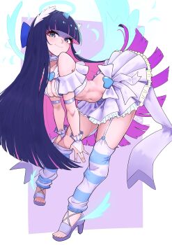 1girl absurdres blue_hair blunt_bangs green_eyes highres implicationsunp looking_at_viewer miniskirt panty_&amp;_stocking_with_garterbelt purple_skirt skirt smile solo stocking_(psg) striped_clothes striped_hair striped_thighhighs thighhighs