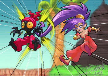 1boy 1girl 2019 action_lines artist_request bandana barefoot black_eyes black_skin blue_eyes blurry blurry_background bracelet breasts colored_sclera colored_skin dark-skinned_female dark_skin earrings four_fingers full_body gold grass hair_weapon jewelry large_breasts long_hair o-ring open_mouth palm_tree pants pointy_ears purple_hair shantae shantae_(series) shoes smile spanking tinkerbat tree watermark yellow_sclera