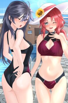 Rule 34 | 2girls, absurdres, ass, bikini, black one-piece swimsuit, breasts, commission, eiyuu densetsu, flower, genderswap, genderswap (mtf), hat, highres, multicolored bikini, multiple girls, non-web source, one-piece swimsuit, one eye closed, pool, rain lambda, randolph orlando, rean schwarzer, sen no kiseki, sen no kiseki (series), sen no kiseki iii, sun hat, sunflower, swimsuit, two-tone bikini, vgen commission
