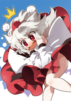 1girl akaneya blush embarrassed fang female_focus hat inubashiri_momiji no_panties red_eyes silver_hair skirt skirt_tug solo tears tokin_hat touhou upskirt