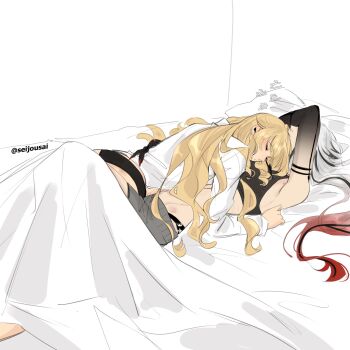 2girls arlecchino_(genshin_impact) armpits black_hands black_panties black_shirt black_streaks blonde_hair closed_eyes colored_extremities commentary cuddling english_commentary genshin_impact hickey highres long_hair multiple_girls navia_(genshin_impact) panties parted_lips pillow seijousai shirt sleeping sleeping_on_person twitter_username under_covers underwear white_hair white_shirt yuri zzz